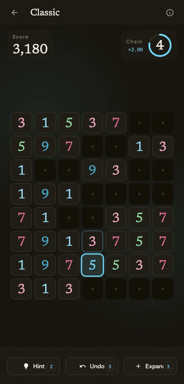 A Classic run: score 181, a six-link chain paying &times;2.50, and a board of coloured digits with the cleared cells left as holes.
