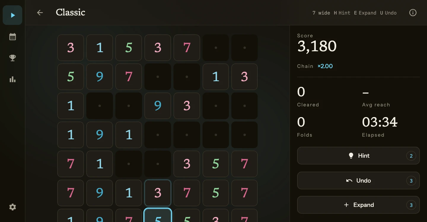 The same run on a wide screen: the board on the left, and a panel beside it with score, chain, tiles cleared, average reach, folds and elapsed time.